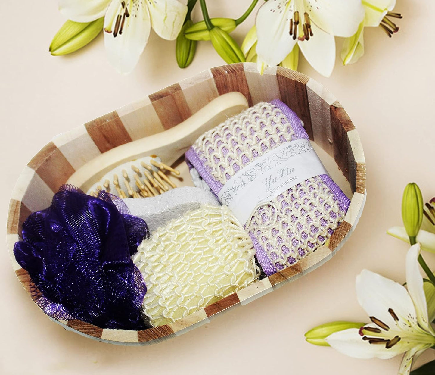 Jades Bathing Accessories Gift Set Bath Loofah Sponge Scrubber With Wooden Basket - set of 5 (Set - C)