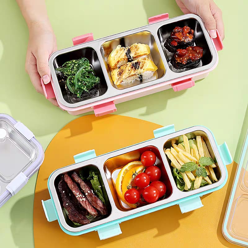 Premium 3-Grid Stainless Steel Bento Lunch Box – Leakproof, Stylish & Portable (585ml)