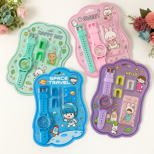 KOBBET Stationery Gift Set With Watch, Sharpener, Eraser, 2 Pencils, Wallet Pouch for Kids Party Favor Birthday Gift, Any 1 Set, Multicolor