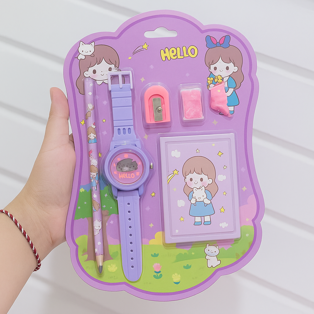 KOBBET Stationery Gift Set With Watch, Sharpener, Eraser, 2 Pencils, Wallet Pouch for Kids Party Favor Birthday Gift, Any 1 Set, Multicolor