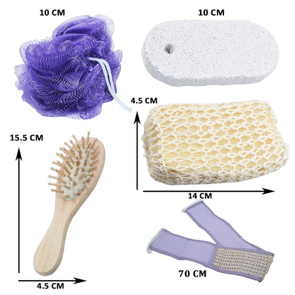 Jades Bathing Accessories Gift Set Bath Loofah Sponge Scrubber With Wooden Basket - set of 5 (Set - C)
