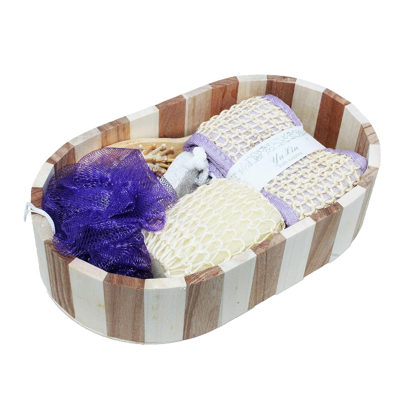 Jades Bathing Accessories Gift Set Bath Loofah Sponge Scrubber With Wooden Basket - set of 5 (Set - C)