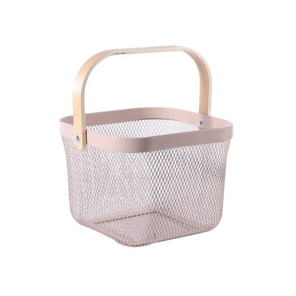 Portable Metal Mesh Storage Basket with Wooden Handle | Multipurpose Organizer