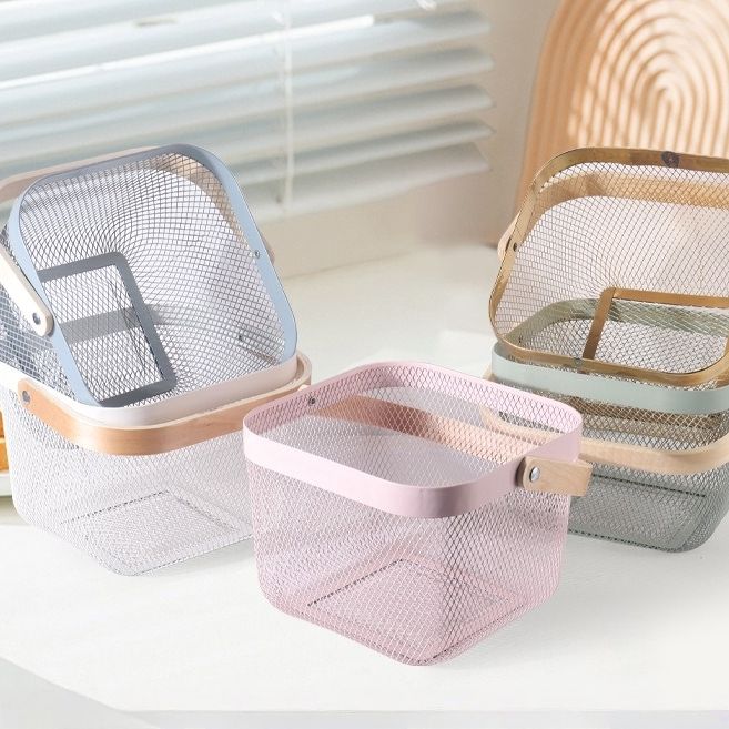 Portable Metal Mesh Storage Basket with Wooden Handle | Multipurpose Organizer