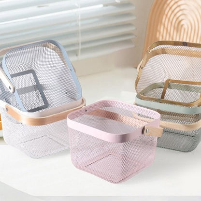 Portable Metal Mesh Storage Basket with Wooden Handle | Multipurpose Organizer