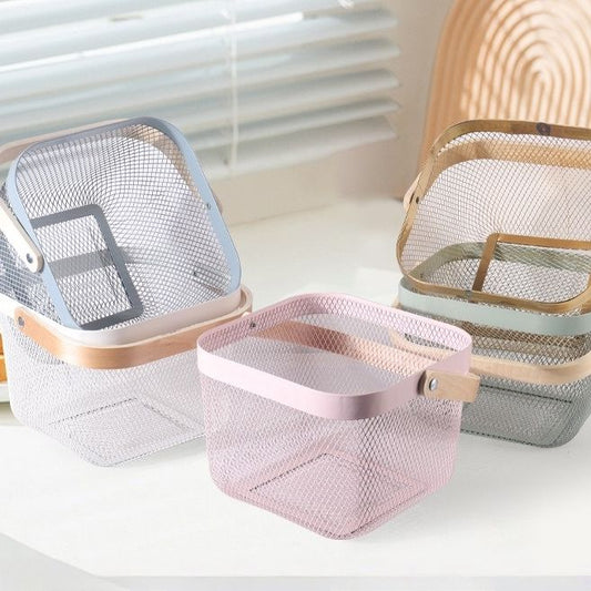 Portable Metal Mesh Storage Basket with Wooden Handle | Multipurpose Organizer