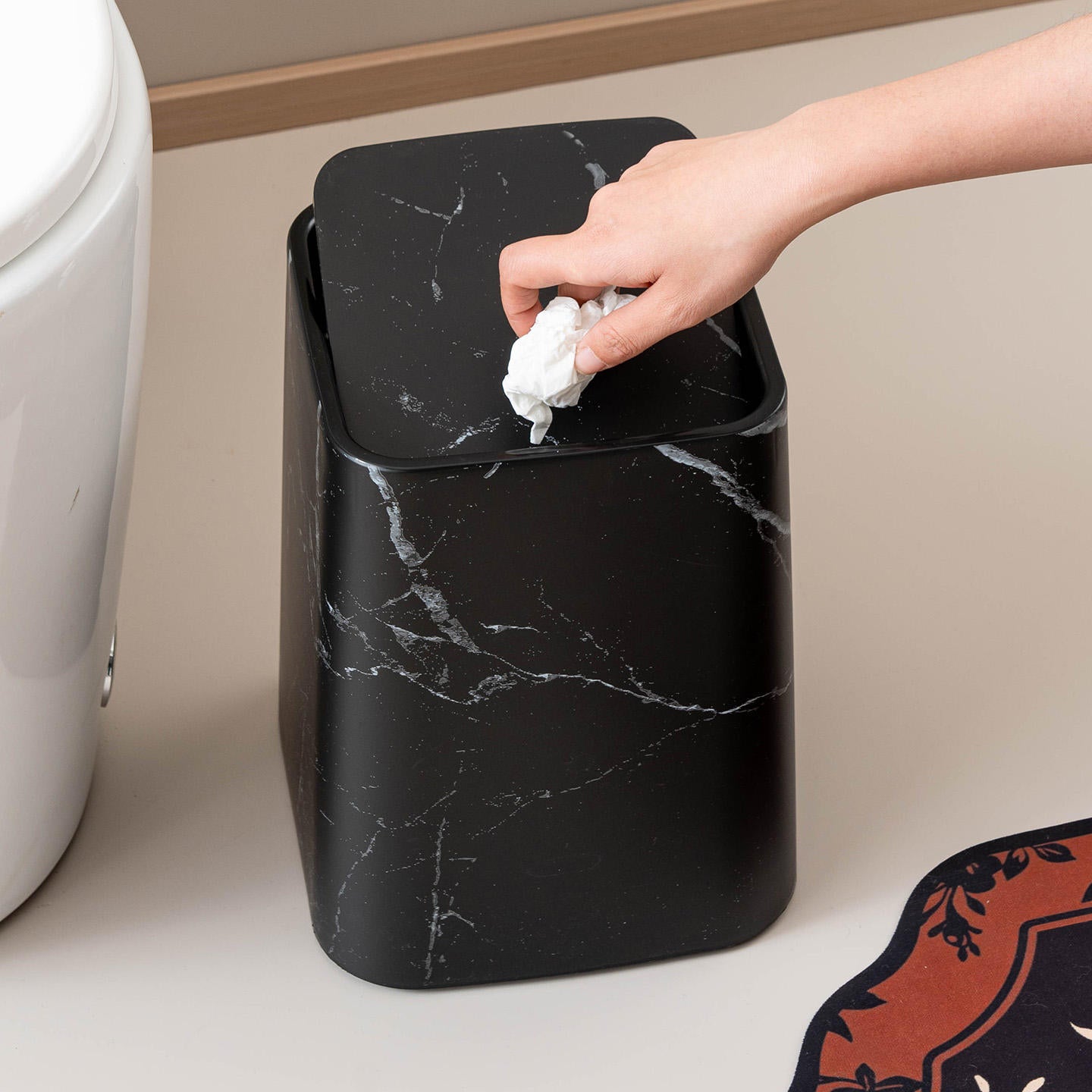Marble Swing Lid Bathroom Trash Can | Compact Waste Bin for Home & Office