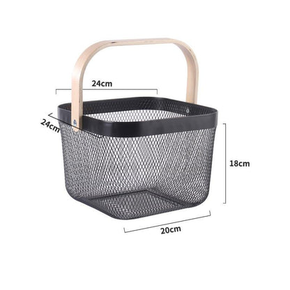 Portable Metal Mesh Storage Basket with Wooden Handle | Multipurpose Organizer