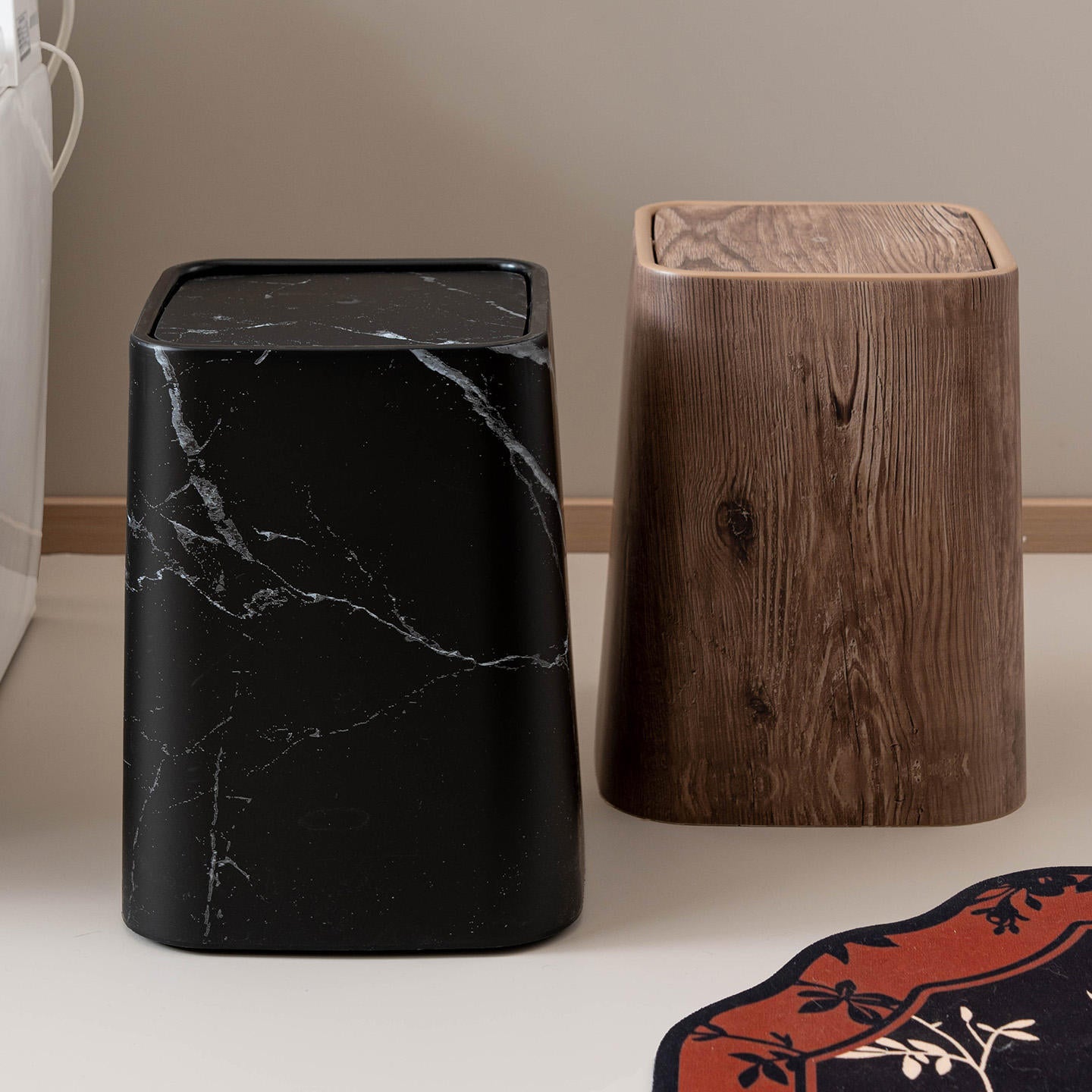Marble Swing Lid Bathroom Trash Can | Compact Waste Bin for Home & Office