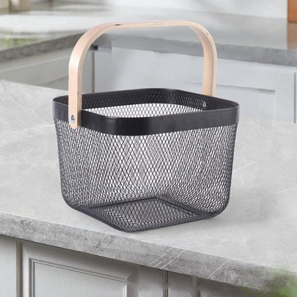 Portable Metal Mesh Storage Basket with Wooden Handle | Multipurpose Organizer