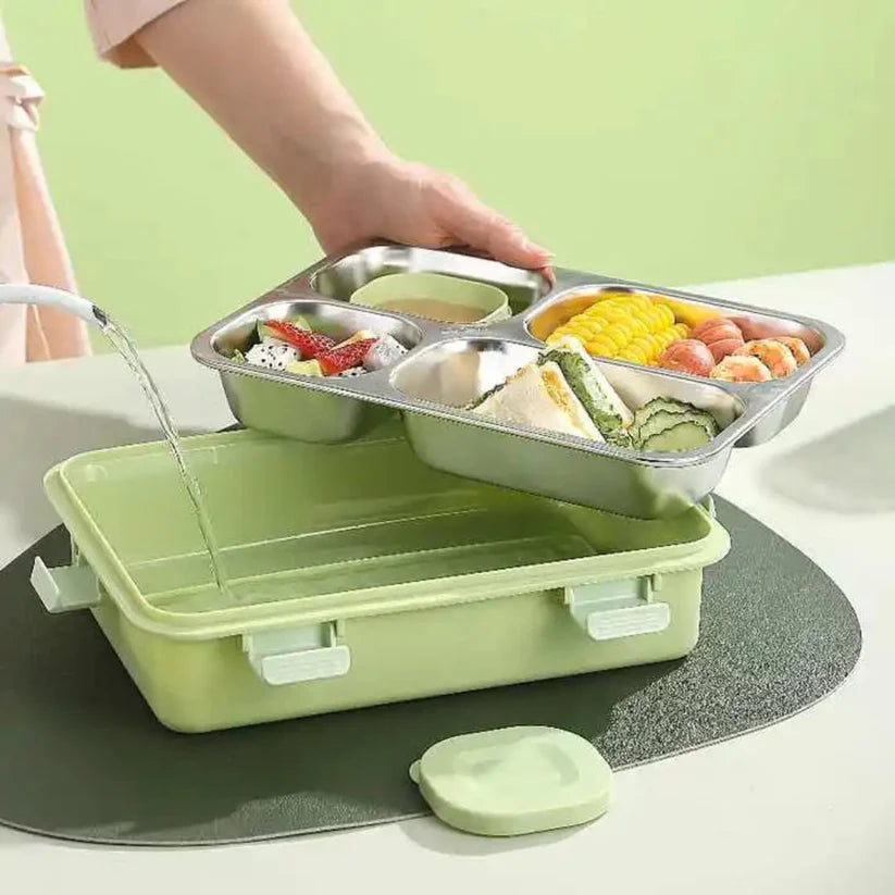 SmartMeal 4 Compartment Stainless Steel Lunch Box – Sturdy, Portable & Dibbie Included