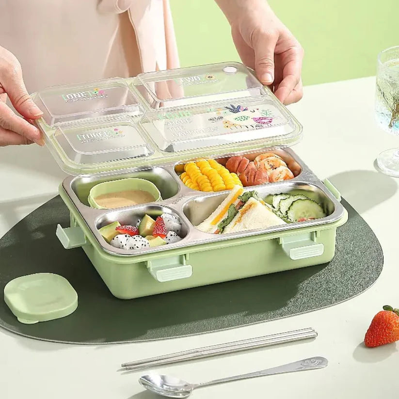 SmartMeal 4 Compartment Stainless Steel Lunch Box – Sturdy, Portable & Dibbie Included