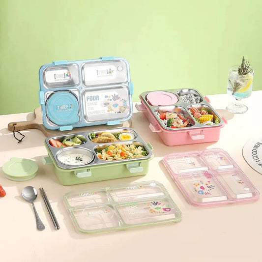SmartMeal 4 Compartment Stainless Steel Lunch Box – Sturdy, Portable & Dibbie Included